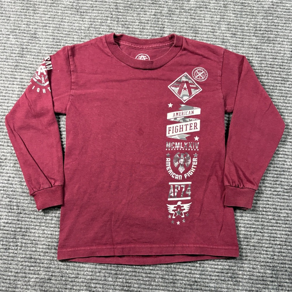 American Fighter Kids Small Long Sleeve Graphic T-Shirt Burgundy Camo MMA 3068